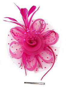 1pc Women's Tea Party Horse Racing Hat Kentucky Derby Hat Floral Mesh Hair Accessory Hair Clip Wedding Headpiece - Hot Pink - View 4