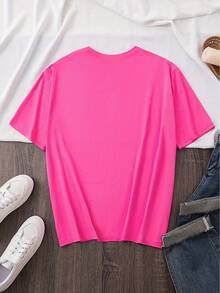 Talla grande, camiseta de mujer tipo  con estampado de labios, estilo europeo y americano, moda de talla grande, cuello redondo y manga corta - Rosa roja - Ver 2