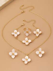 1pc Necklace + 1pc Bracelet + 1pc Ring + 2pcs Earrings, Elegant Niche Floral Jewelry Set, Suitable For Daily, Party, Vacation, Gift-Giving In Spring/Summer - Oil-dripping Flower Set - View 4