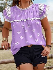 Plus Size Women Regular Length Woven Fabric Round Neck Top, Ruffle Short Sleeve, Butterfly Print - Purple - View 2