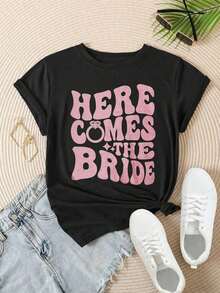Women's Casual Short Sleeve T-Shirt - Summer Crew Neck T-Shirt "Here Comes The Bride", Machine Washable, Ladies' T-Shirts, Casual Wear, Modern Style, Comfortable Fit

-White - 黑色 - 查看 2