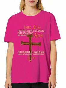 1 pieza Camiseta con estampado gráfico "Juan 3:16 Porque así amó Dios al mundo que dio Su hijo", cuello redondo, manga corta, camiseta casual a la moda, ajuste cómodo, lavable a máquina, para primavera y verano, ropa de mujer, 180g 100% algodón, los diseños están impresos. Unisexo. - Negro - Ver 7