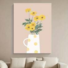 Enmarcado 1 lienzo enmarcado con diseño floral: margaritas amarillas en una jarra blanca con lunares dorados, marco negro clásico, perfecto para la decoración del hogar, la oficina o el bar, regalo ideal para Pascua, el Día de los Inocentes, el Día de la Madre, graduaciones, uso interior/exterior, decoración de pared interior | Diseño de marco clásico | Impresión duradera de alta calidad, decoración floral - Enmarcado - Ver 1