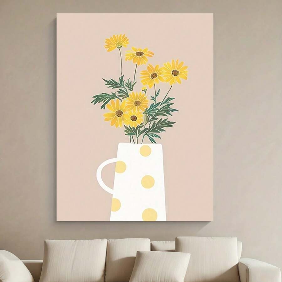 Enmarcado 1 lienzo enmarcado con diseño floral: margaritas amarillas en una jarra blanca con lunares dorados, marco negro clásico, perfecto para la decoración del hogar, la oficina o el bar, regalo ideal para Pascua, el Día de los Inocentes, el Día de la Madre, graduaciones, uso interior/exterior, decoración de pared interior | Diseño de marco clásico | Impresión duradera de alta calidad, decoración floral - Enmarcado - Ver 1