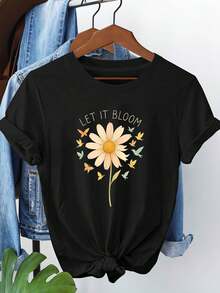 Talla, camiseta de mujer de talla con estampado gráfico LET IT BLOOM, manga corta, cuello redondo, top casual para verano y primavera, ropa de mujer - Negro - Ver 6
