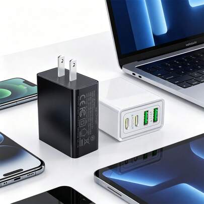 40W 四口 USB 充电器，2A2C USB-C 快充插头，支持 PD 和 QC 快充协议，配备美规墙式适配器，适用于多种设备，旅行便携多口 USB 充电器，兼容 、安卓等设备