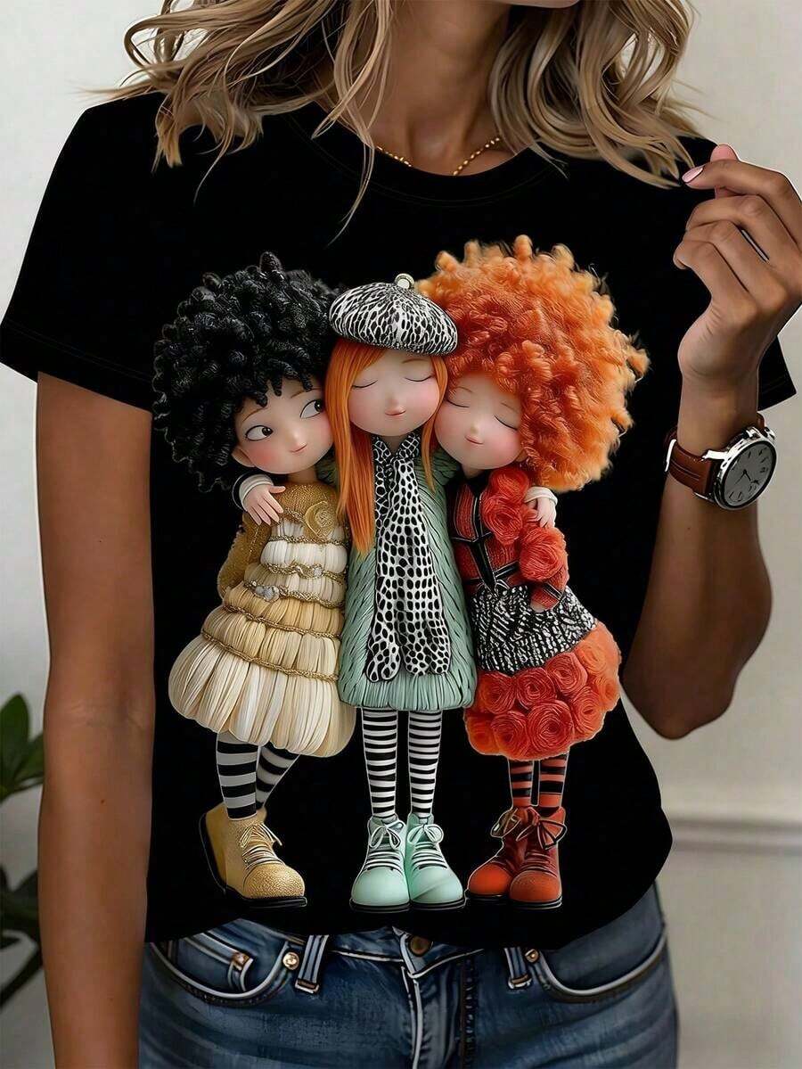 Camiseta de Mujer con Estampado de Muñeca Linda, Colores Pastel Suaves (Beige y Rojo), Ropa de Mujer para Primavera y Verano con Diseño de Chica de Dibujos Animados, Camiseta Casual de Manga Corta con Cuello Redondo (Negra) - Negro - Ver 1