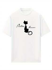 Soft 100% Cotton T-Shirt, White Round Neck, Loose Fit, Versatile, Fashionable, With Cat And Letter Print, Short Sleeve, For Women, Spring And Summer, Breathable, Goes With Everything, Great. - 白色 - 查看 4