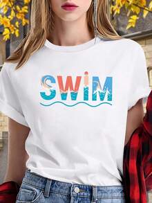 VivaGlam-Women'S White Pure Swim T-Shirt With Dynamic Blue & Turquoise SWIM Lettering & Water Wave Design - Casual Round Neck All-Season Comfort Fit For Beach, Pool, Swimming - Breathable Quick-Dry Swimwear Top - 白色 - 查看 1