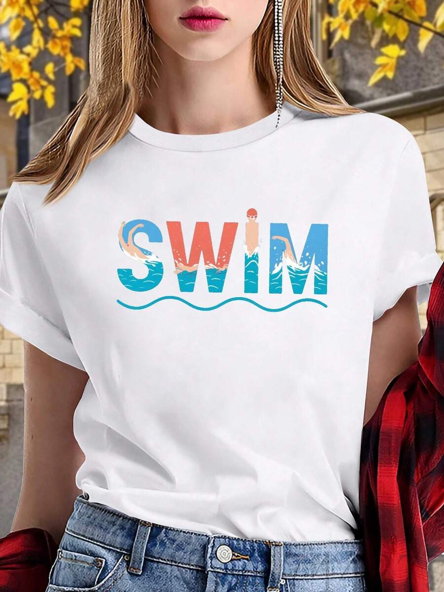VivaGlam-Women'S White Pure Swim T-Shirt With Dynamic Blue & Turquoise SWIM Lettering & Water Wave Design - Casual Round Neck All-Season Comfort Fit For Beach, Pool, Swimming - Breathable Quick-Dry Swimwear Top - 白色 - 查看 1