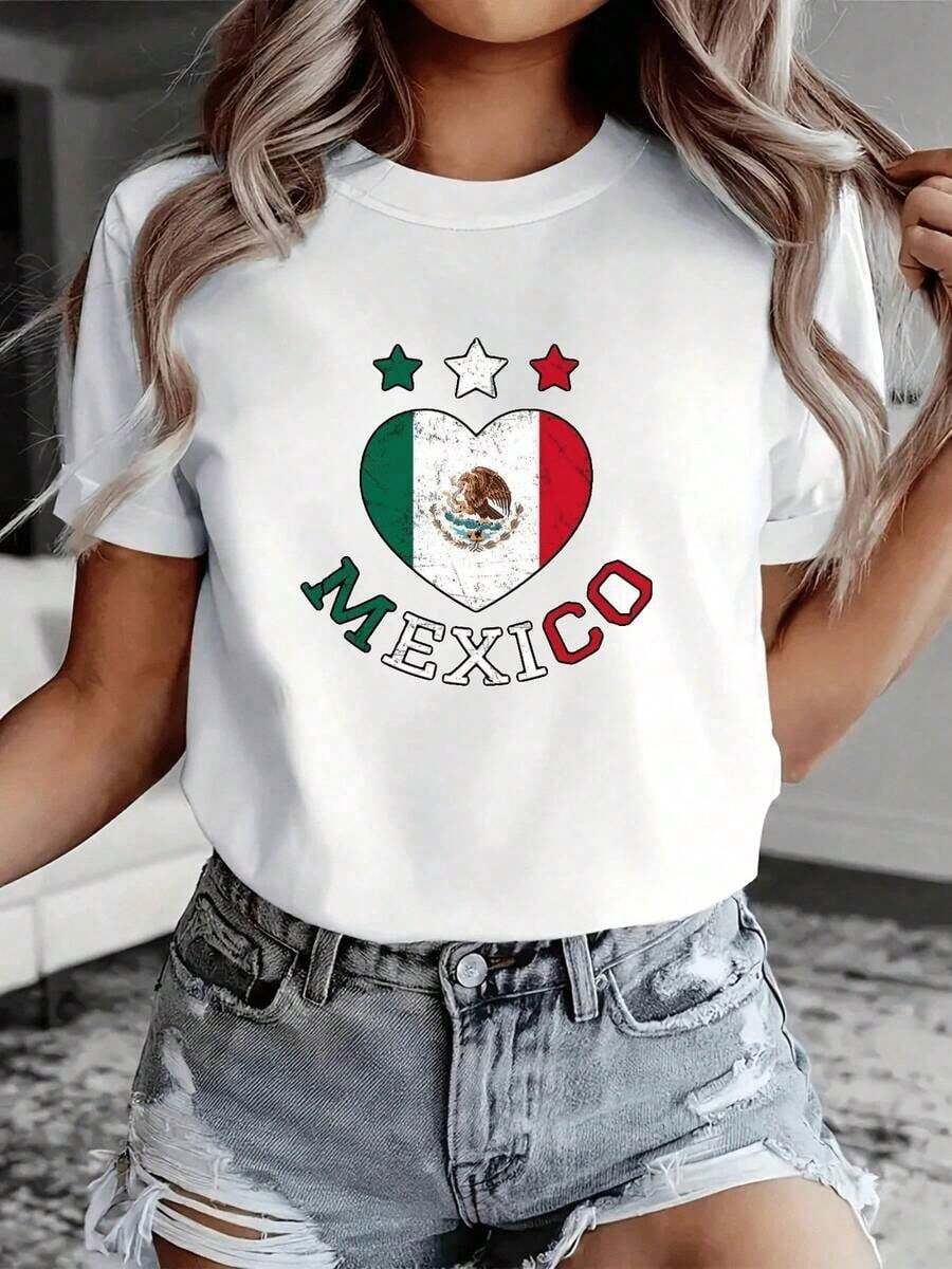 Custom Mexican Heart Flag T-Shirt 100% Cotton - Vintage Patriotic Design With Eagle And Stars For Mexican Independence Day (September 16th) And National Pride Enthusiasts - Perfect For Celebrations And Expressing Cultural Identity - Vintage Street Style Unisex Loose Cotton Short Crew Neck T-Shirt - 白色 - 查看 1