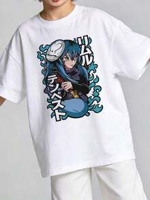 Boys' Summer T-Shirt 2026, Casual, Soft, Crew Neck, Short Sleeve, With A Graphic Print Of An Anime-Style Blue-Haired Character, Suitable For Everyday Casual Wear. Black Y2K Style T-Shirt. - 白色 - 查看 12