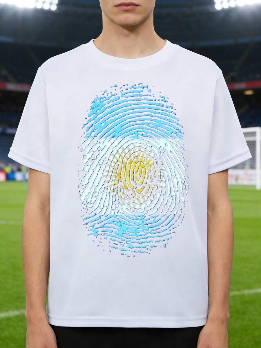 Camiseta de la Copa Mundial 2026 con Patrón de Huellas Dactilares de la Bandera de Argentina, Camiseta Casual de Manga Corta para Fanáticos del Fútbol - Blanco - Ver 1