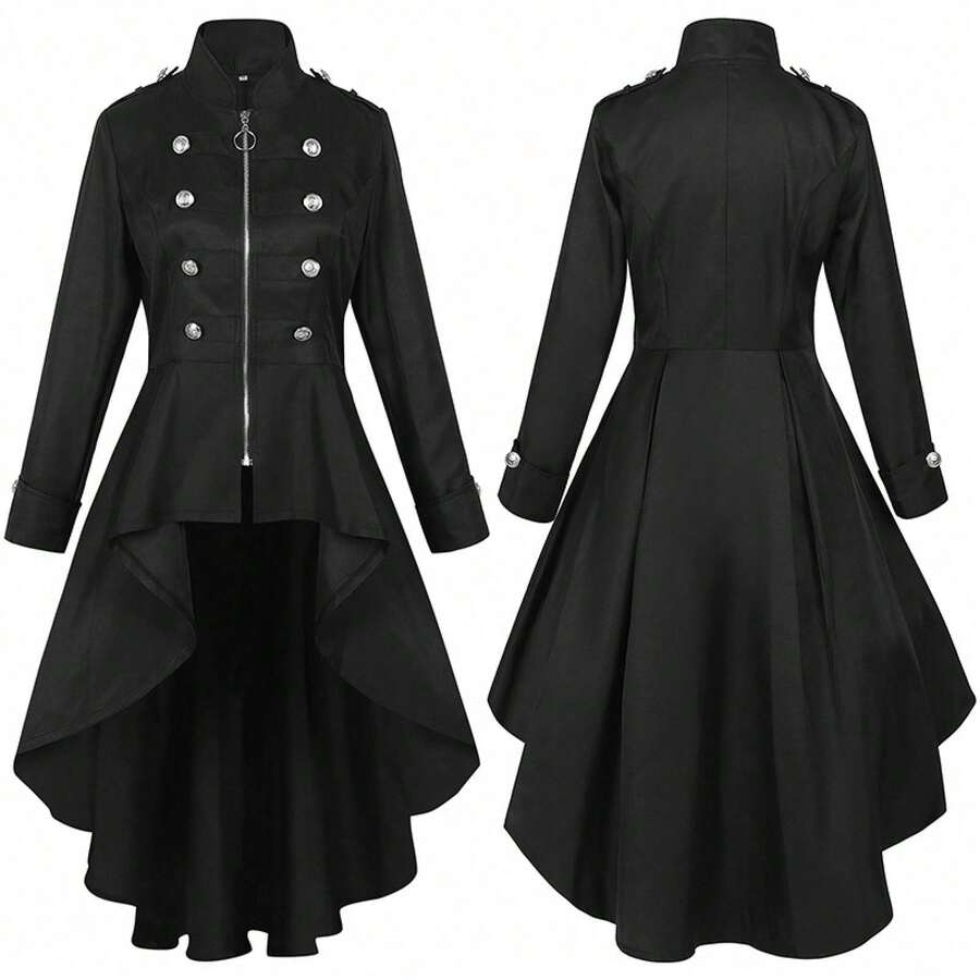 Halloween Retro Long Coat With Irregular Hem In Multiple Colors And Sizes - 230830 Zipper Trench Coat (Black) - View 1