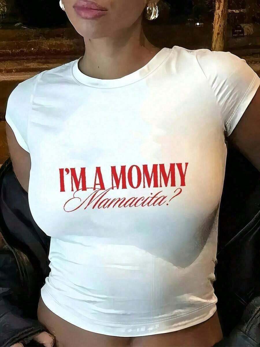 Camiseta Corta Casual para Mujer, Camiseta Blanca de Manga Corta para Mujer con la Frase 'I'M A MOMMY Mamacita?' Estampado - Mezcla de algodón suave, perfecta para uso casual y para celebrar la maternidad - Esencial para el invierno y elegancia casual - alta calidad - Blanco - Ver 1