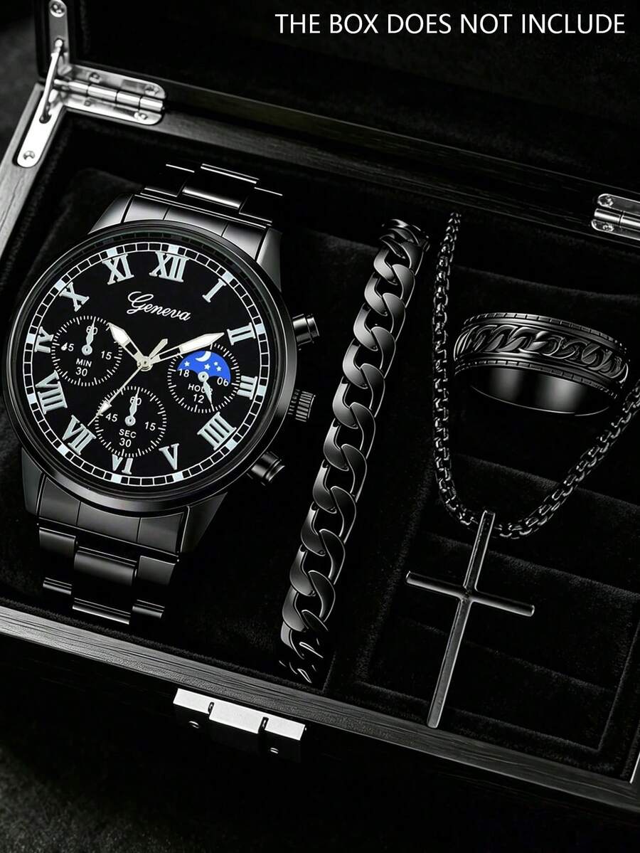 4pcs/Set Minimalist Business Men's Quartz Watch Set, Including Black Roman Numeral Men's Quartz Watch, Bracelet, Necklace And Ring, The Accessory Of Choice For Fashionable Rugged Men - Black - View 1