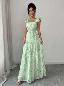 Elenzya Vestido con cintura fruncida y estampado floral para mujer, adecuado para ir a trabajar, salir, picnic, cita de San Valentín, resort de spa, fiesta en la playa, viajes y ocio - verde menta - Ver 3
