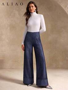Pantalones anchos de pierna ancha de estilo palaciego bohemio vintage, de alta gama, de jacquard azul marino lavado, para mujer, adecuados para volver a la escuela, Año Nuevo, fiestas, uso diario y vacaciones - Azul marino - Ver 3