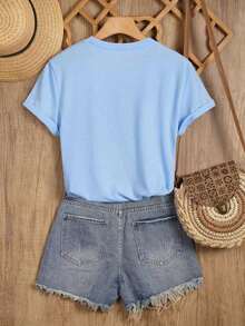 Women's Plus Size Short-Sleeved T-Shirt With Round Neck And Elegant Floral Print, White With Blue Flowers, Versatile And Casual For All Seasons, Summer - 賽萊斯特 - 查看 2