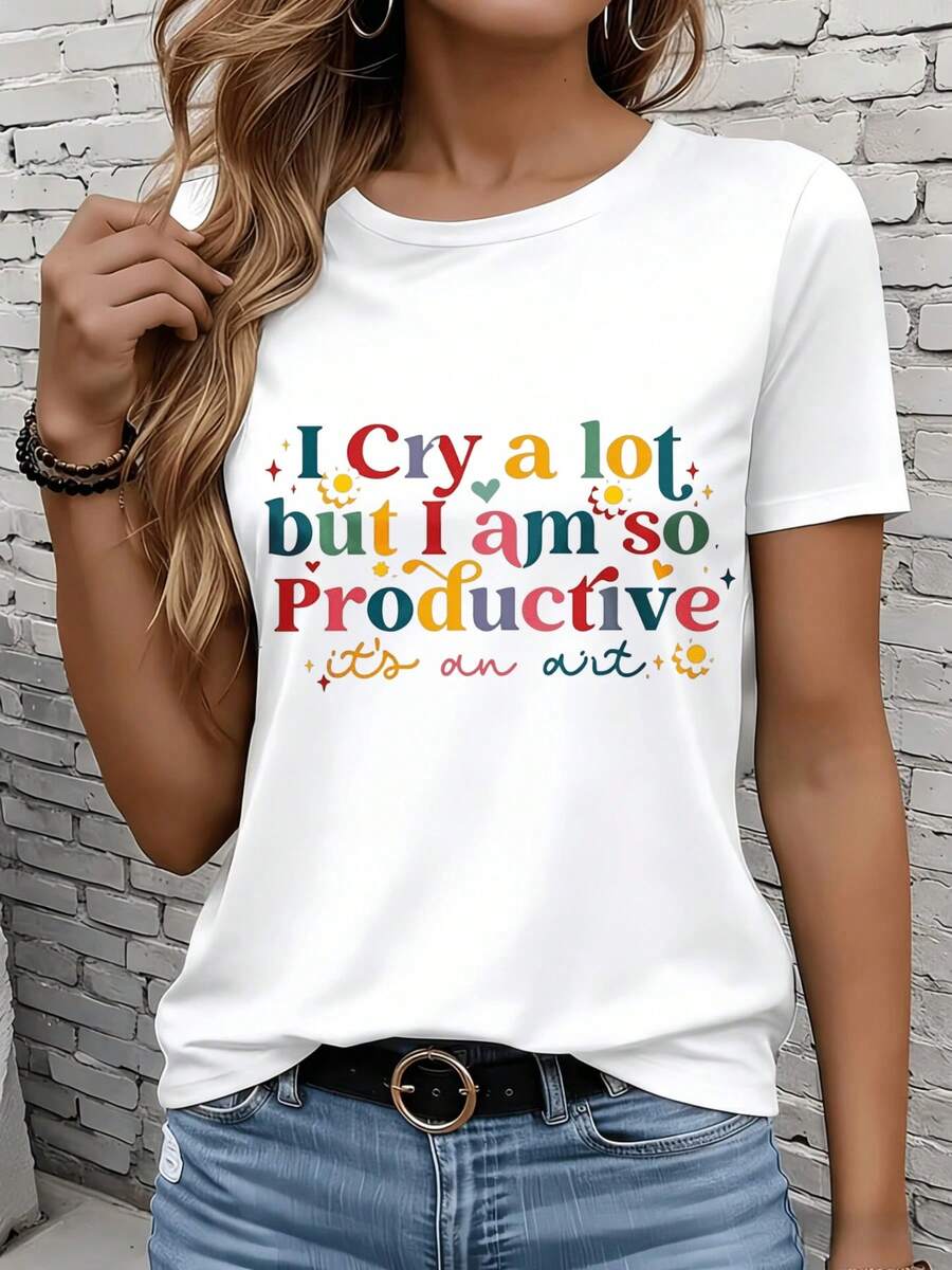 Women's Short-Sleeved T-Shirts In Black And White Are Suitable For Everyday Wear, Lounging At Home, And Outdoor Activities. This Women's T-Shirt Features A Fun And Humorous Graphic: "I Cry A Lot, But I'm So Productive It's An Art Form." A Casual T-Shirt For Everyday Wear, It Makes A Great Gift For Parties Or Holidays. - 白色 - 查看 1