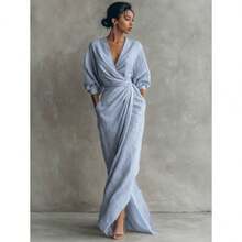 DAILY DOSE 2026 New Elegant Solid Color V Neck Long Sleeve Slit Waist Pocket Midi Dress For Women Chic European And American Style Party Casual Bodycon Maxi Dress With Side Slits, Girls' Gifts - bblue - 查看 1