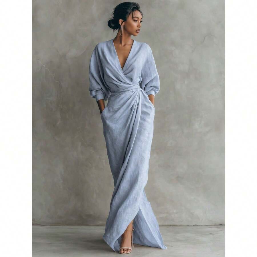 DAILY DOSE 2026 New Elegant Solid Color V Neck Long Sleeve Slit Waist Pocket Midi Dress For Women Chic European And American Style Party Casual Bodycon Maxi Dress With Side Slits, Girls' Gifts - bblue - 查看 1