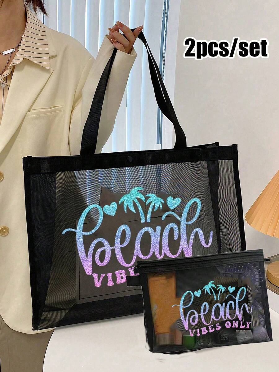 2pcs Large Capacity Mesh Bag Set, Gradient Shiny Beach Palm Tree Print Mesh Bag, Mesh Beach Tote Bag, Mesh Cosmetic Storage Bag, Foldable Waterproof Beach Bag, Letter Decor Mesh Beach Shoulder Bag, Women's Personalized Gift Bag, Makeup Bag, Summer - Black - View 1