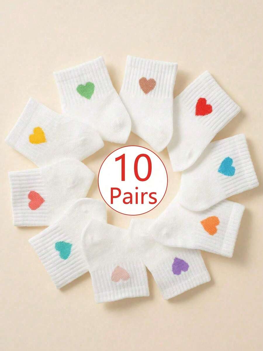5 Pairs/10 Pairs New Popular Socks, Colorful Heart Pattern White Socks, Breathable Comfortable Mid-Calf Socks, Suitable For Students And Various Occasions - Multicolor - View 1
