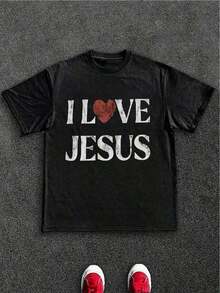 1 Men's T-Shirt, 100% Cotton, With A Distressed "I Love Jesus" Graphic Print. Perfect For Everyday Wear By Christian Men, It Makes An Ideal Gift. 180g 100% Cotton. - 黑色 - 查看 10