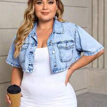 Plus Flap Pocket Crop Denim Blouse - Lavado ligero - Ver 2