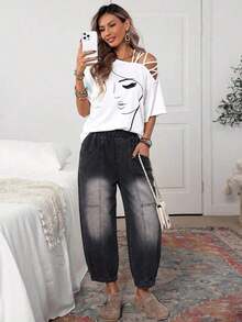 Pantalones vaqueros casuales de mujer con cintura con cordón y lavado vintage, pantalones casuales de mujer, pantalones de verano de mujer con cintura elástica, pantalones de mujer con bolsillos, pantalones caqui de mujer - Negro 2 - Ver 5