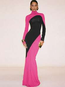 Vestido ajustado de cintura alta en combinación de colores, moderno y creativo para la calle - Rosa Fucsia - Ver 2
