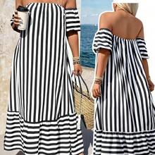 Holidaya Plus Size Summer Casual Striped Off-Shoulder Ruffle Hem Dress - Blanco y Negro - Ver 2