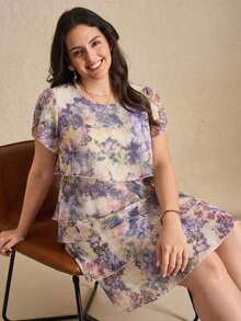 Reflora Vestido de moda con cuello redondo, mangas con volantes y estampado floral para mujer de talla grande - Multicolor 2 - Ver 3