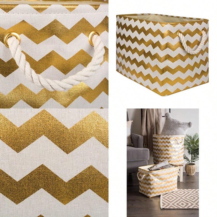 DII Collapsible Polyester Storage Basket or Bin with Durable Cotton Handles, Home Organizer Solution for Office, Bedroom, Closet, Toys, and Laundry 18x12x15" , Gold - Dorado - Ver 1