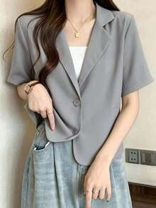 Korean Fashion Gray Women's Blazer Jacket, Short Sleeve Casual Suit Top For Summer - Grey - View 3