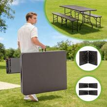 1.8m Folding Picnic Table With 2 Benches, 3 Piece Camping Set, HDPE Tabletop With Tree Print, Safety Lock, UV And Water Resistant, Black. - 棕色 - 查看 6