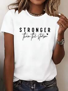 Women's T-Shirt With "Stronger Than The Storm" Print In Turquoise - Stylish Round Neck, Short Sleeves, Breathable Polyester Fiber, Machine Washable, Casual Spring/Summer Top, Women's T-Shirt, Summer Clothing, Bold Text Design, Soft Texture. - 白色 - 查看 1