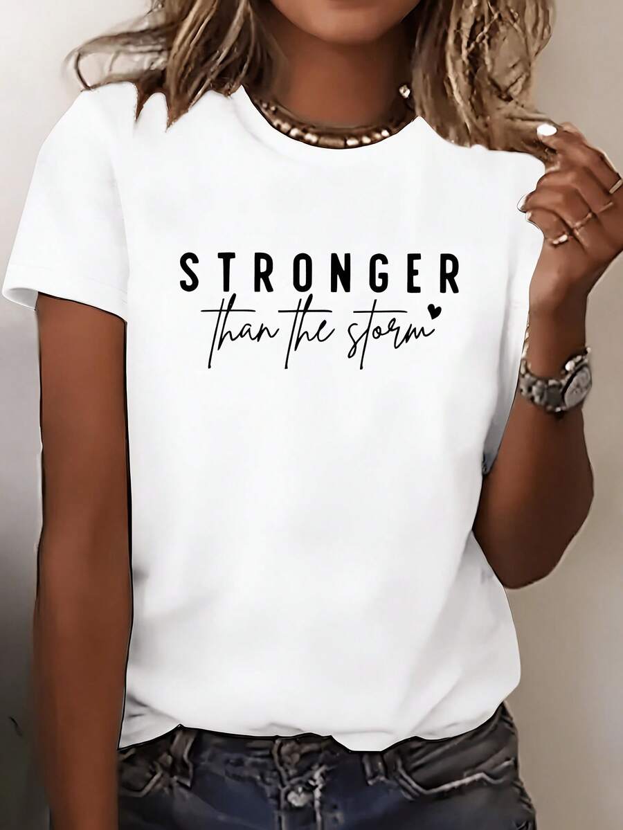 Women's T-Shirt With "Stronger Than The Storm" Print In Turquoise - Stylish Round Neck, Short Sleeves, Breathable Polyester Fiber, Machine Washable, Casual Spring/Summer Top, Women's T-Shirt, Summer Clothing, Bold Text Design, Soft Texture. - 白色 - 查看 1