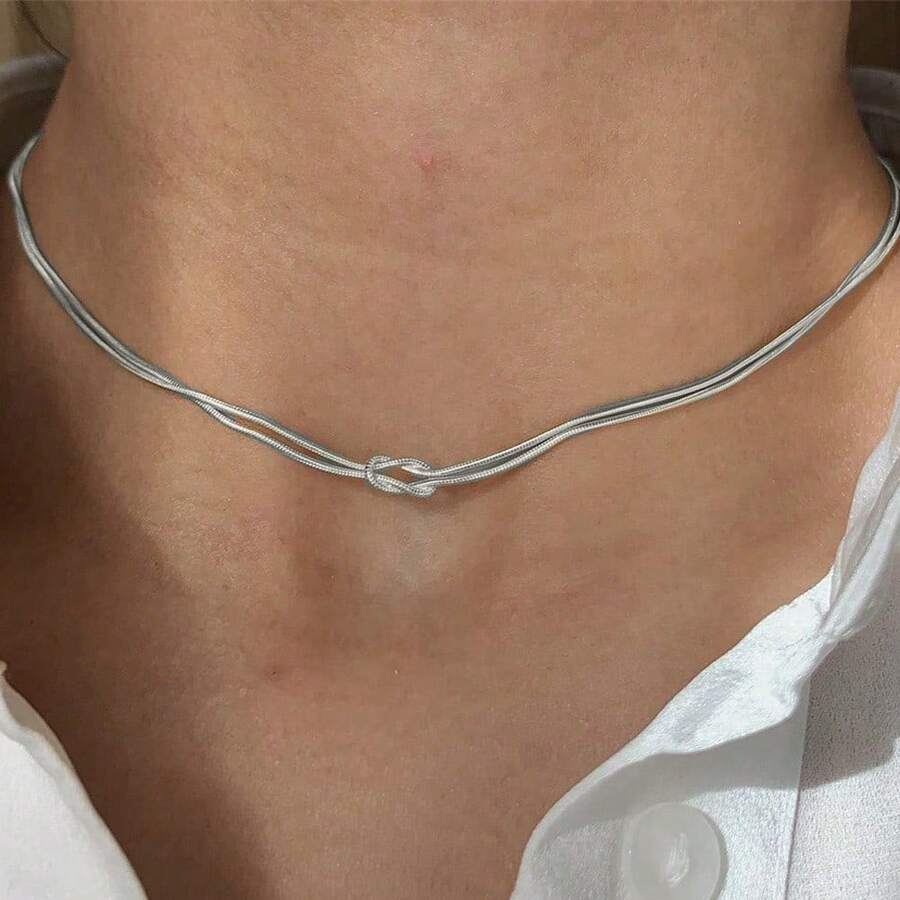 Collar de nudo de cuerda de acero inoxidable - Diseño clásico de cadena de serpiente, estilo de mujer, sin incrustaciones, adecuado para regalos, banquetes y diversas ocasiones - Plateado - Ver 1