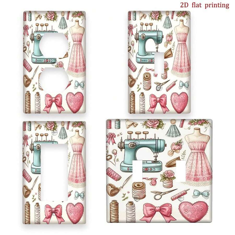 1pc Vintage Sewing Machine Light Switch Cover Plate - Pink Sewing Theme, With Button, Zipper And Threading Mechanism Design, Suitable For Single/Double Switch Socket Panels, Ideal For Sewing Room, Craft Room, Bedroom Decor (Easy Installation), 2D Flat Design - Multicolor - View 1