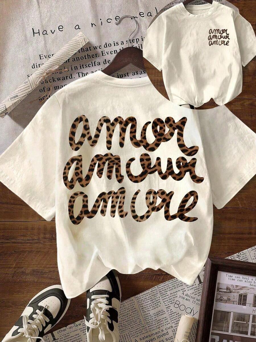 Women's "More Love" Leopard Print Round Neck Short Sleeve T-Shirt, Casual, Black, For Summer, Autumn/Back To School. - Nude - 查看 1