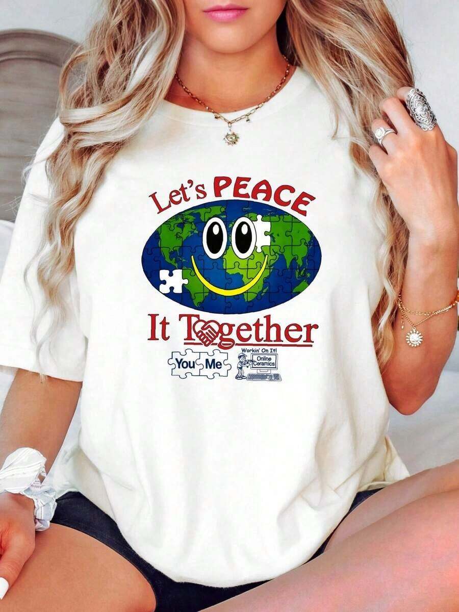 Women's T-Shirt With Ceramics Workin' On It Print, White T-Shirt, Plus Size, Vintage, Washed, Comfortable, Unisex, Soft, Casual, Elastic, Urban Vintage Style, Unisex, Loose, Cotton, Short Sleeve, Round Neck, Blouses For Women, Women's T-Shirts, Casual Blouses For Ladies. - 白色 - 查看 1