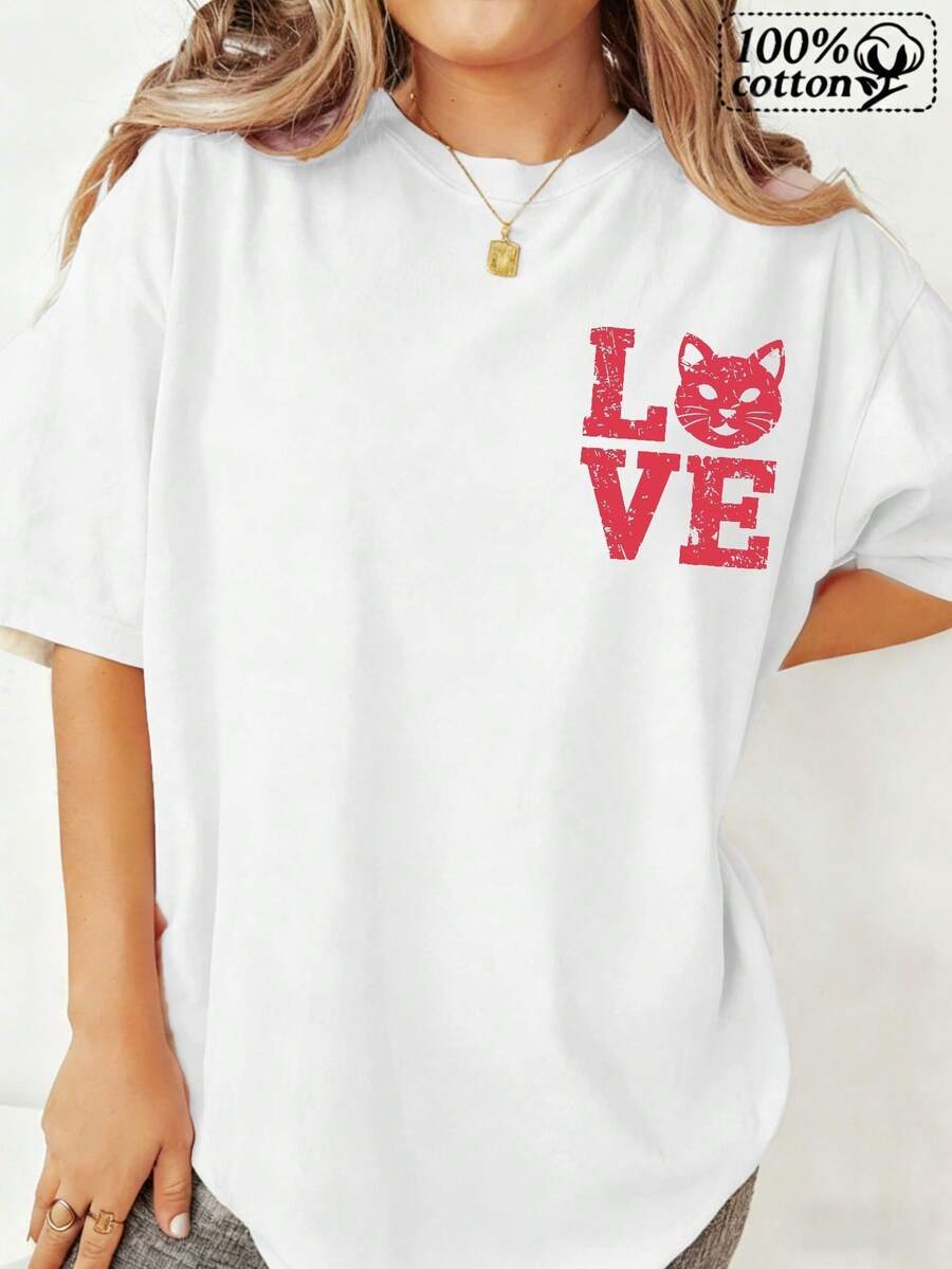 Moda Mujeres Camiseta Blanca Frontal Impresión Amor con Diseño de Gato | Cómodo Casual Daily Wear, Toda la Tempor, Deta Applique