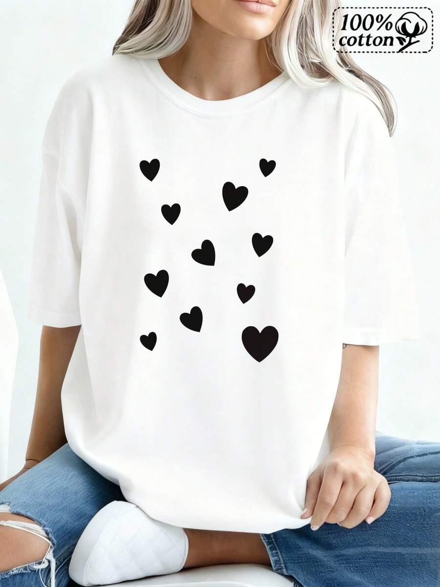 Fashionable Women's T-Shirt With White Front Print, Black Hearts Pattern And Text. Comfortable Casual Wear For Everyday Outings And Relaxing Moments. - Putih - View 1