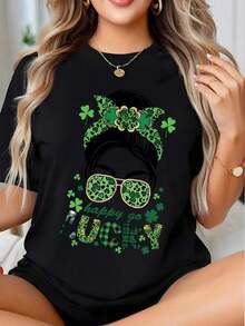 1 Piece Of Lucky St. Patrick's Day T-Shirt With Shamrock Headband And Sunglasses Design, Happy Go Lucky Print For Women, Celebration Outfit, 210g 100% Cotton, Designs Are Fully Printed. Unisex. - 黑色 - 查看 12