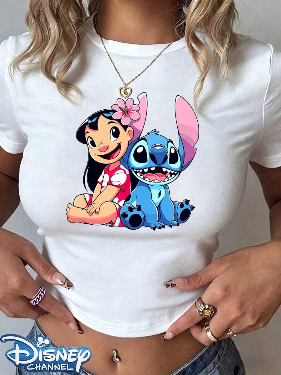 Authentic Disney: Featuring A Charming New Graphic Print Of Lilo And Stitch From *Lilo & Stitch* Sharing A Frame, This Women's Casual T-Shirt Features A Crew Neck, A Slim-Fit Silhouette, And A Cropped Length. Crafted From Polyester, This Basic Summer Top Is Incredibly Versatile-Perfect For Everyday Wear, Casual Outings, Or Dressing Up. Offering A Comfortable, Relaxed Fit, It Makes An Ideal Gift Choice For Her. Machine Washable. (Tags: Holiday Outfits For Women, Festival Outfits, Linen Shirt, White Top) - 白色 - 查看 1