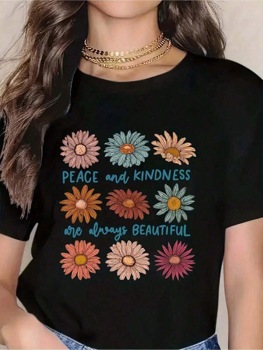 Camisetas de manga corta con cuello redondo y patrón de alfabeto en tejido de punto para mujer, de longitud regular, para verano y primavera. - Negro - Ver 1