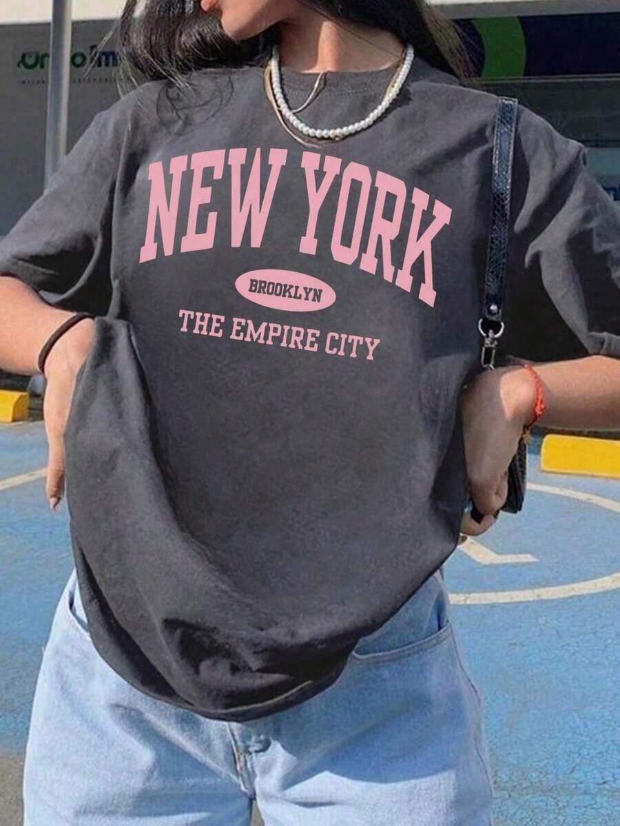 Women's Party Summer Top: New Letter Print, Round Neck, Short Sleeve, Casual Loose Fit, Comfortable And Versatile For Daily Wear Or Vacation Outfits. - 深灰色 - 查看 1