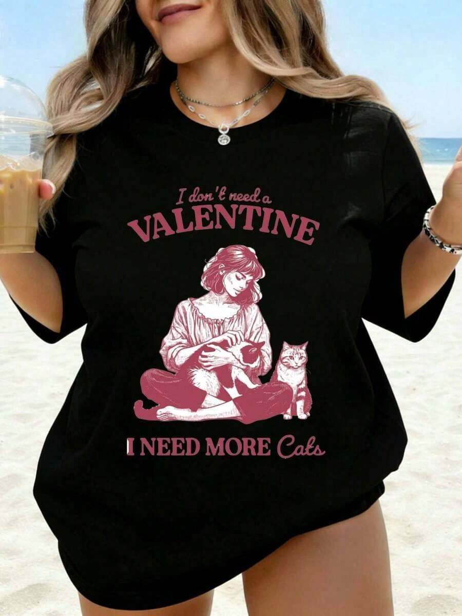 ropa de mujer No necesito un San Valentín, necesito más gatos Camiseta de mujer con estampado de gato para amantes de los gatos Camiseta con estampado de animales lindo Regalo de San Valentín para entusiastas de los gatos camisas de mujer - Negro - Ver 1